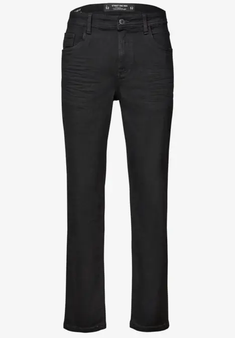 Schwarze Jeanshose mit geradem Schnitt und fünf Taschen.