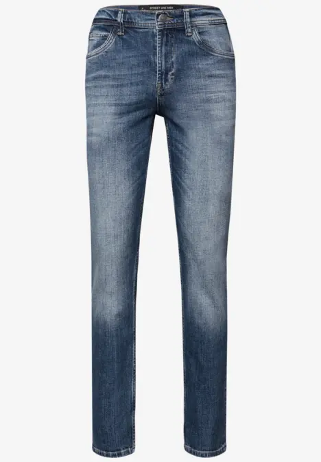 Blauwe slim-fit jeans met rechte pijpen, klassieke vijf-pocketstijl en subtiel used effect.