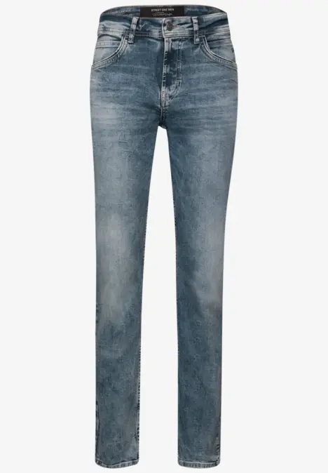 Casual donkerblauwe jeans met vijf zakken en rechte pijpen.