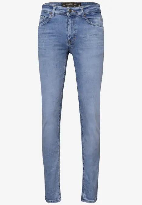 Hellblaue, schmal geschnittene Jeans mit hohem Bund