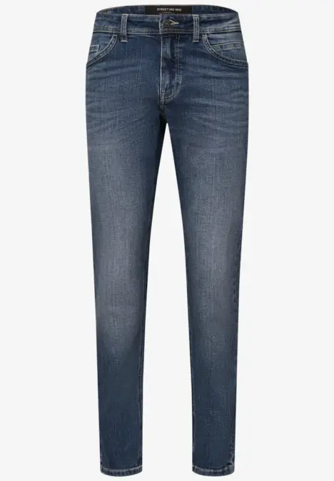 Eine dunkelblaue Jeanshose mit geradem Schnitt und klassischem Five-Pocket-Design.