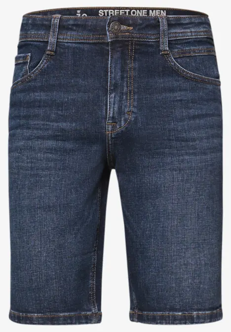 Donkere jeansshort tot op de knie, vijf zakken, rechte pasvorm