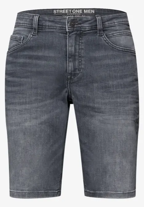 Grijze heren jeansshorts met zakken vooraan, riemlussen en een licht versleten look