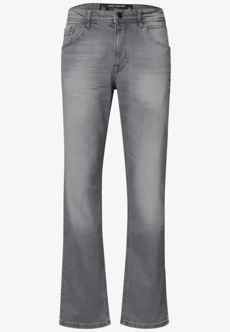 Graue Jeans mit geradem Schnitt, Five-Pocket-Design und mittelhoher Leibhöhe.