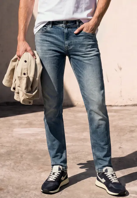 Ein Mann trägt blaue Jeans und Sneaker, hält eine Jacke in der Hand.