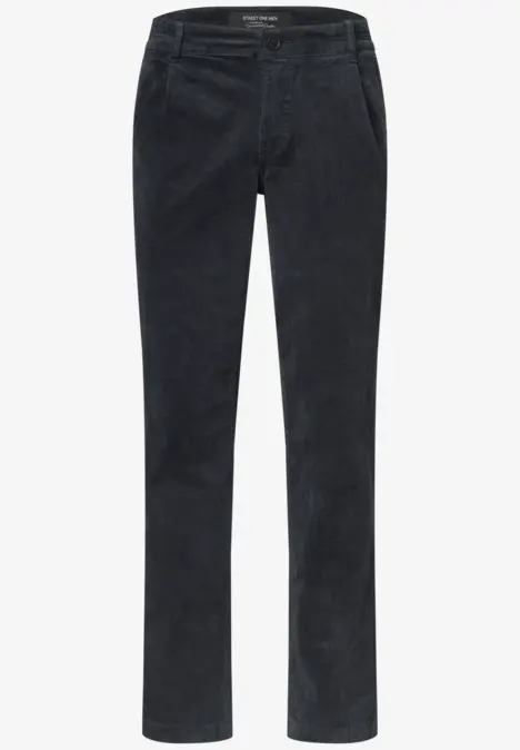 Zwarte corduroy broek met rechte pijpen en klassieke steekzakken.