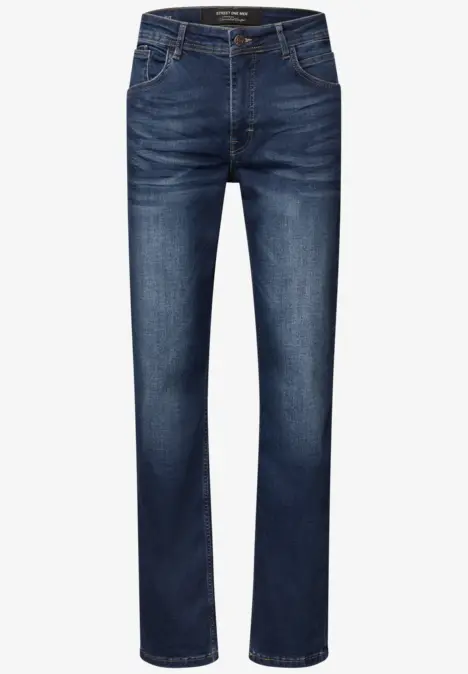 Donkerblauwe jeans met rechte pijpen en klassieke zakken.