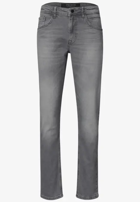 Graue Jeans im geraden Schnitt mit klassischem 5-Pocket-Design und leichtem Used-Look