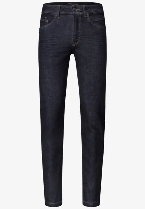 Dunkelblaue, gerade geschnittene Jeans mit klassischer 5-Pocket-Optik und normaler Bundhöhe.