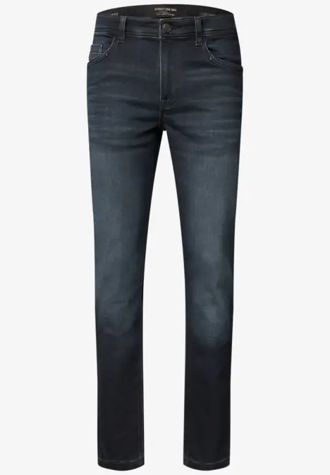 Dunkelblaue Jeanshose im geraden Schnitt mit klassischem 5-Pocket-Design und leichter Waschung.