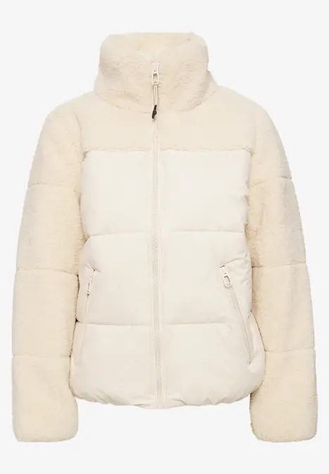 Beige-weiße, wattierte Jacke mit flauschigen Teddyärmeln und hohem Stehkragen.