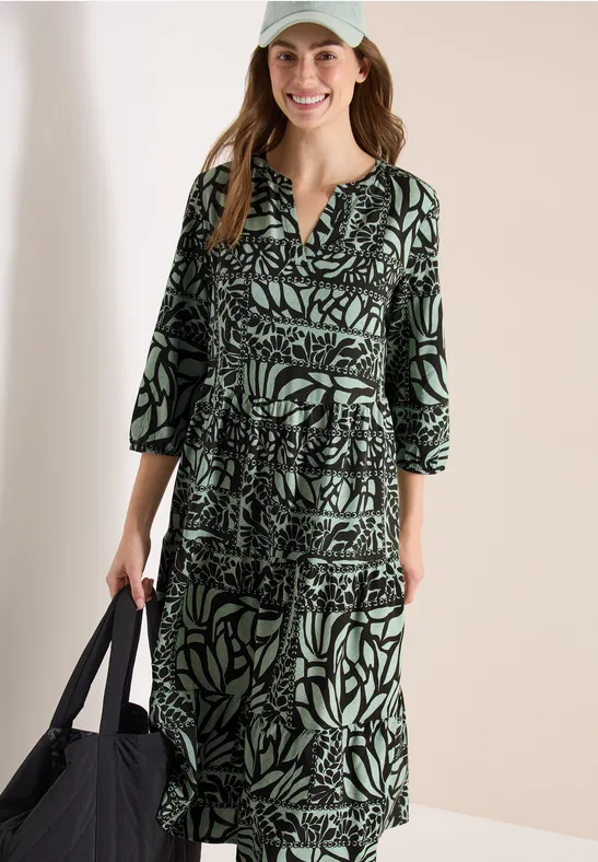 cecil Midi-Kleid Volants Split Neck Viskose Grün