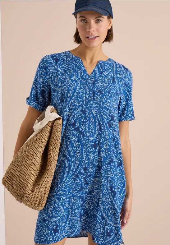 cecil Kleid Knielang Viskose Split Neck Floral Ornament Blau