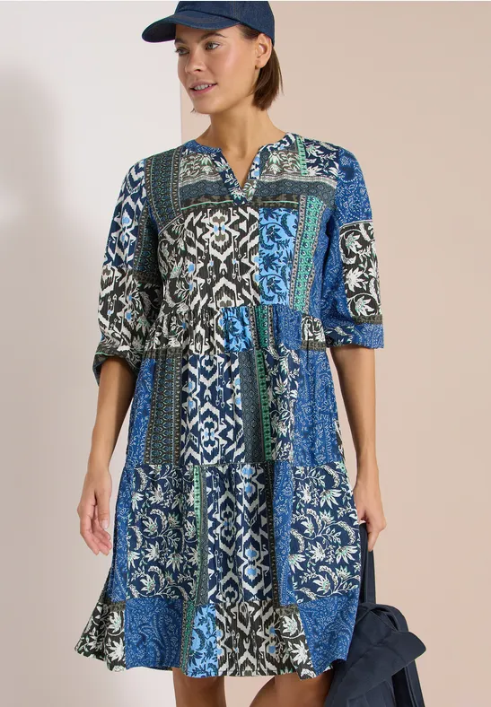 cecil Seersucker Knielanges Kleid Patchwork Print Blue