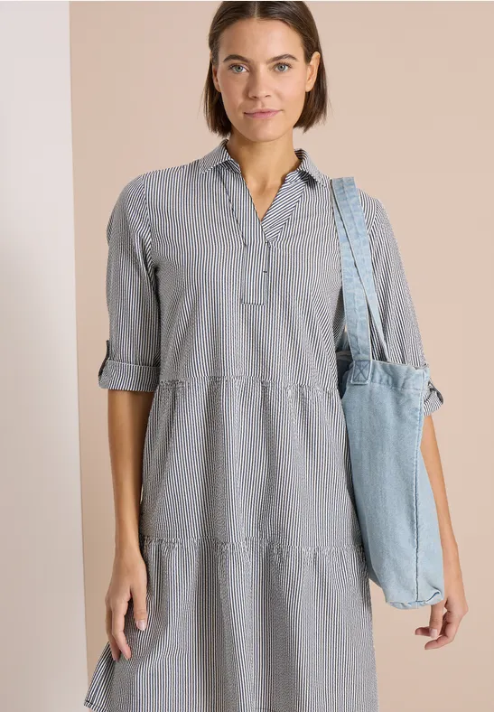 cecil Knielanges Kleid Seersucker Hemdkragen Baumwolle Blau