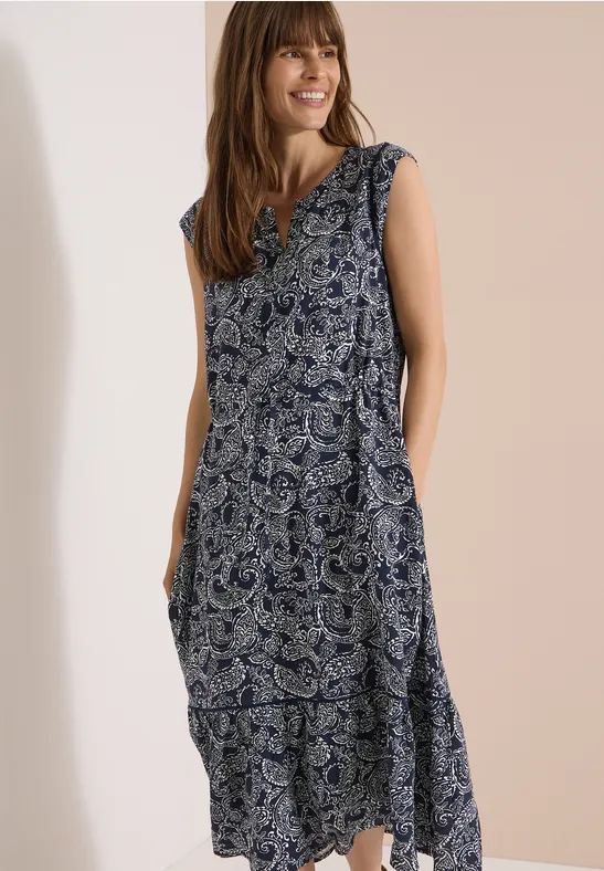 cecil Midikleid Split Neck Paisley Viskose Blau