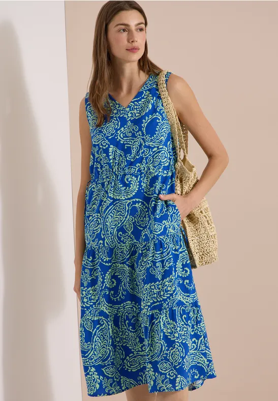 cecil Midikleid V-Neck Print Tunnelzug Viskose Blau