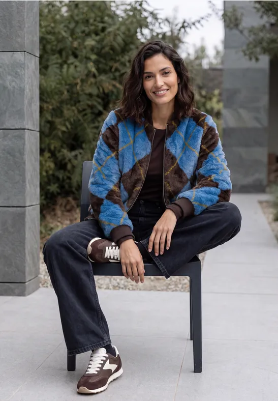 Blouson van imitatiebont met argylepatroon