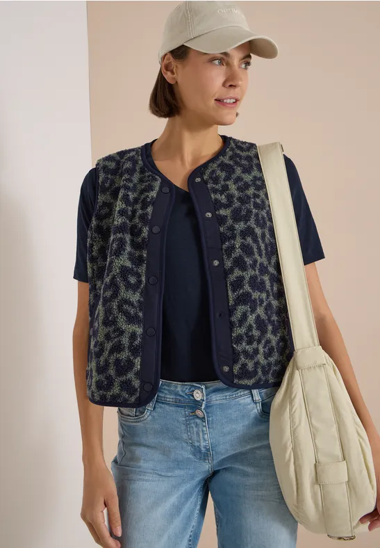 Gilet en peluche avec détails en softshell et motif léopard