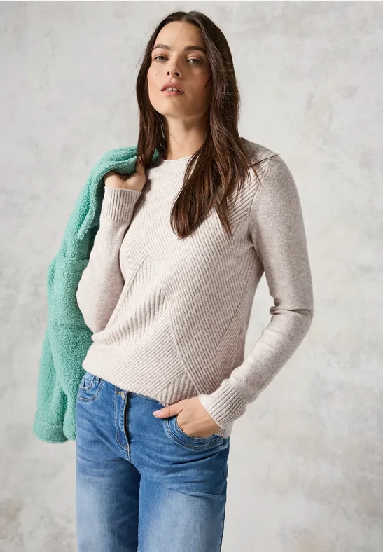 cecil Feinstrickpullover Rundhalsausschnitt 37% Baumwolle/34% Polyacrylic/26% Polyester/3% Elasthan Beige