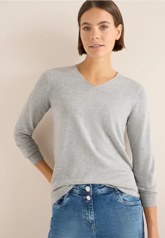 cecil Basic Pullover V-Ausschnitt Ärmel Baumwolle-Viskose Grau