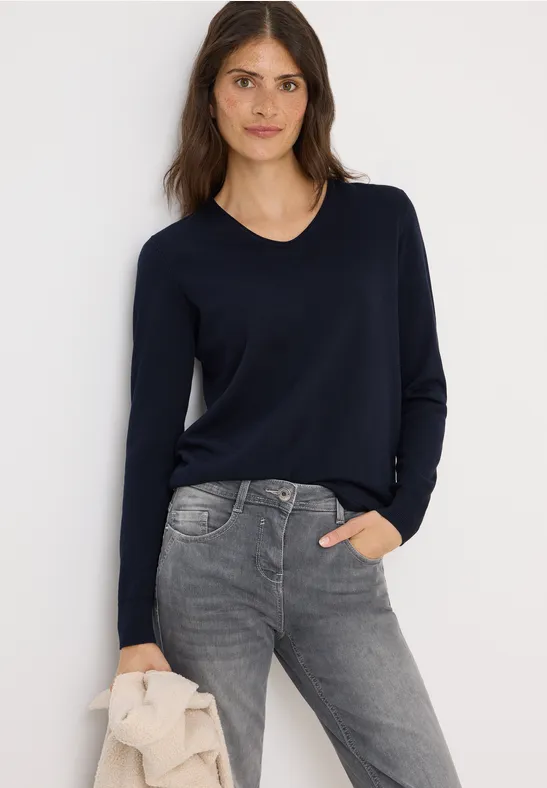 cecil Basic Pullover V-Ausschnitt Ärmel Baumwolle-Viskose Blau
