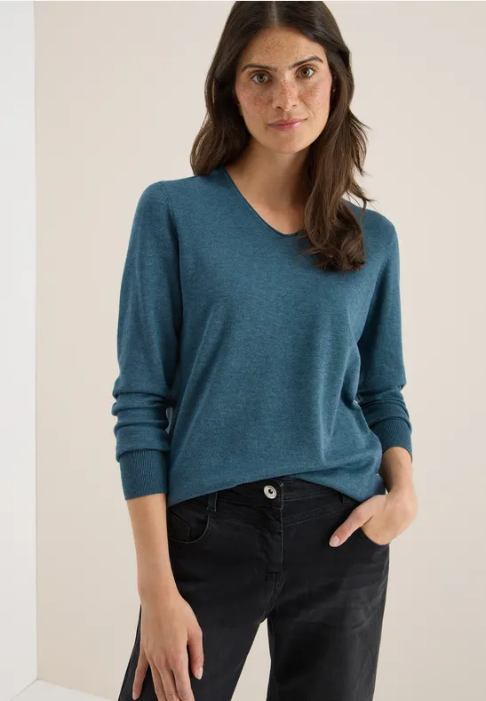 cecil Basic Pullover V-Ausschnitt Baumwolle-Viskose Blau