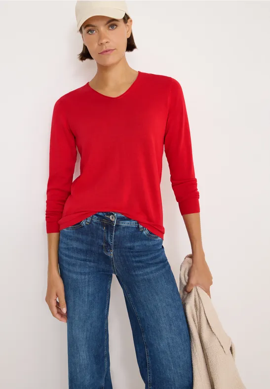 cecil Pullover V-Ausschnitt Langarm Baumwolle Rot