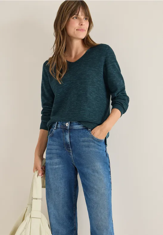 cecil V-Neck Pullover Melange Schlitze Baumwolle Grün