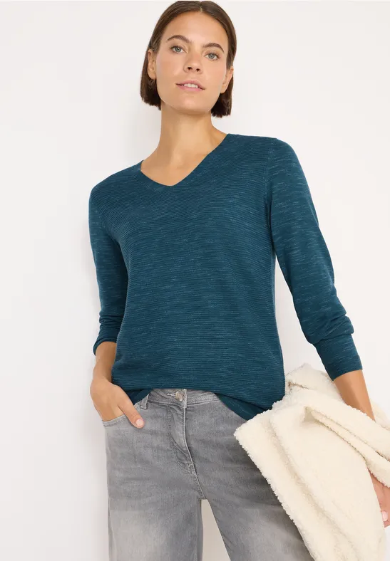 cecil V-Neck Pullover Melange Schlitze Baumwolle Blau