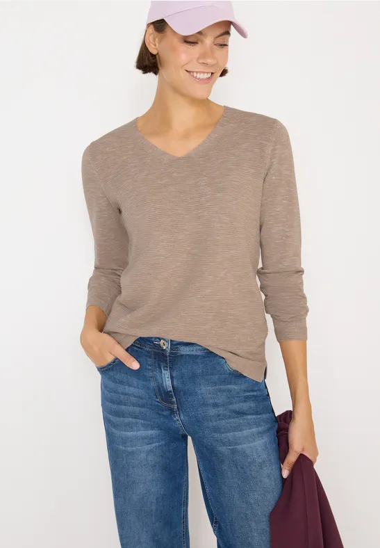 cecil V-Neck Pullover Melange Schlitze Baumwolle Beige