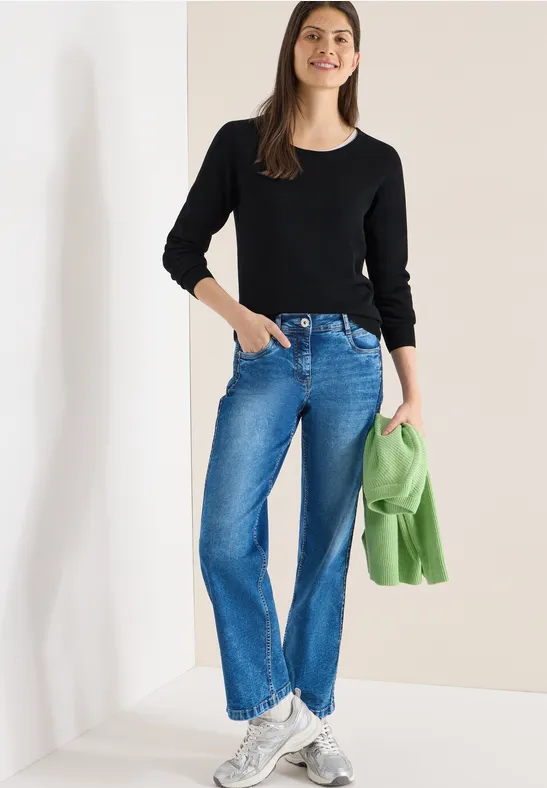 cecil Pullover Rundhals Rippdetail Baumwolle Schwarz