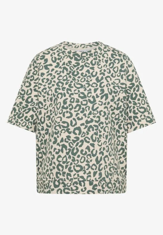 Thumbnail - Cecil Damen Kurzarm Sweatshirt mit Leo-Print in Beige, Gr: XXL