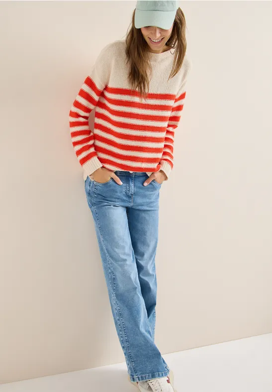 Thumbnail - Cecil Damen Gestreifter Bouclé Pullover in Beige, Gr: S