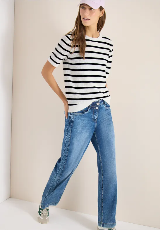 Thumbnail - Cecil Damen Kurzarm Pullover mit Struktur und Streifen in Blau, Gr: XXL