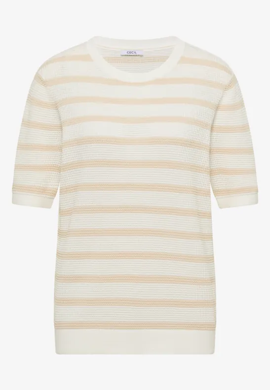 Thumbnail - Cecil Damen Kurzarm Pullover mit Struktur und Streifen in Beige, Gr: XS