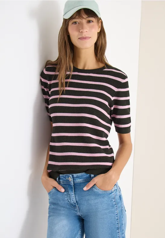 cecil Pullover Struktur Stripes Baumwolle Rundhals Kurzarm Grün