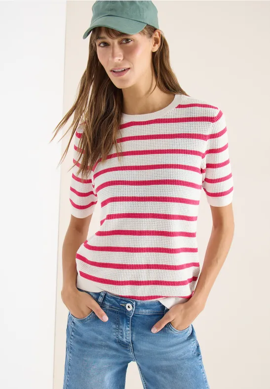 cecil Pullover Struktur-Stripes Kurzarm Baumwolle Pink