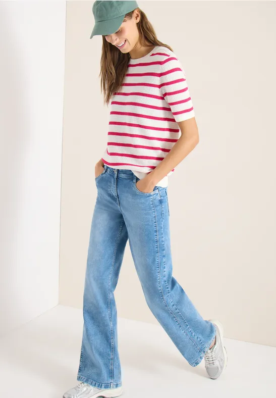 Thumbnail - Cecil Damen Kurzarm Pullover mit Struktur und Streifen in Pink, Gr: M