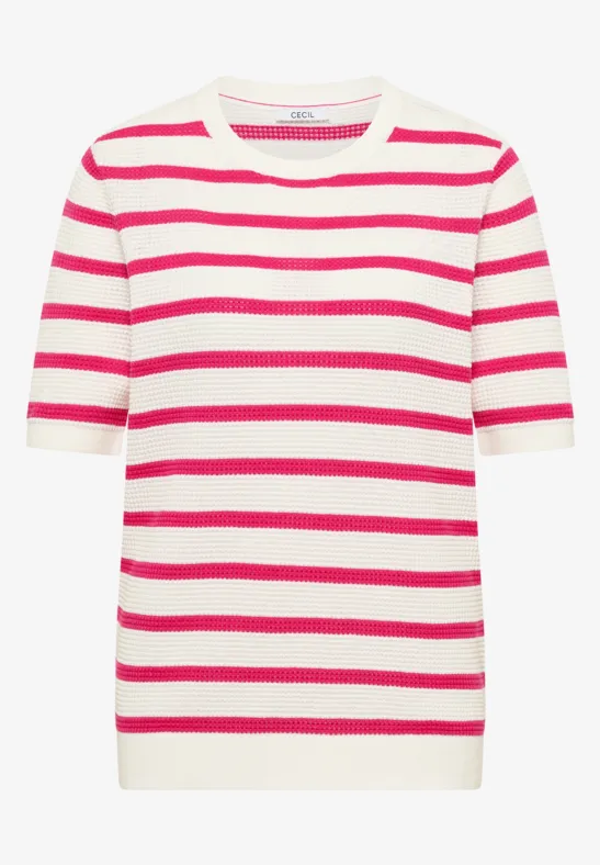 Thumbnail - Cecil Damen Kurzarm Pullover mit Struktur und Streifen in Pink, Gr: M