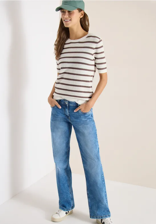 Thumbnail - Cecil Damen Kurzarm Pullover mit Struktur und Streifen in Beige, Gr: L