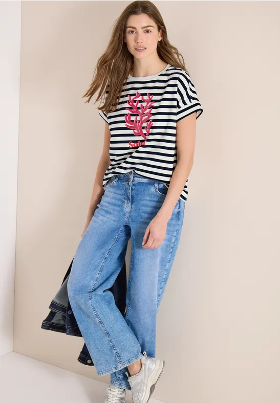 Thumbnail - Cecil Damen Kurzarm Sweatshirt mit breiten Streifen in Blau, Gr: 3XL