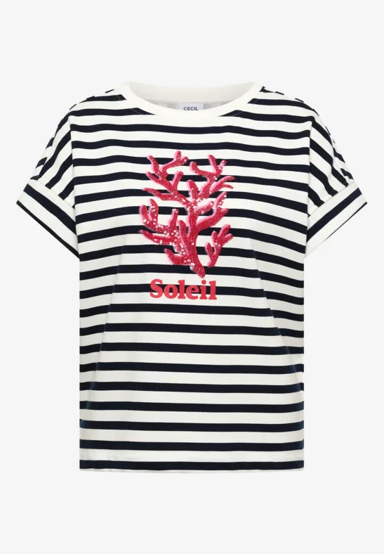 Thumbnail - Cecil Damen Kurzarm Sweatshirt mit breiten Streifen in Blau, Gr: 3XL