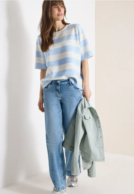 Thumbnail - Cecil Damen Kurzarm Sweatshirt mit Streifen in Blau, Gr: XL