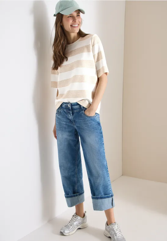 Thumbnail - Cecil Damen Kurzarm Sweatshirt mit Streifen in Beige, Gr: XS