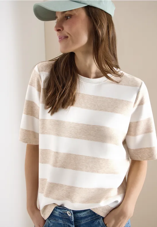 cecil Sweatshirt Rundhals Halbarm Streifenmuster Viskose-Polyester-Elasthan Beige