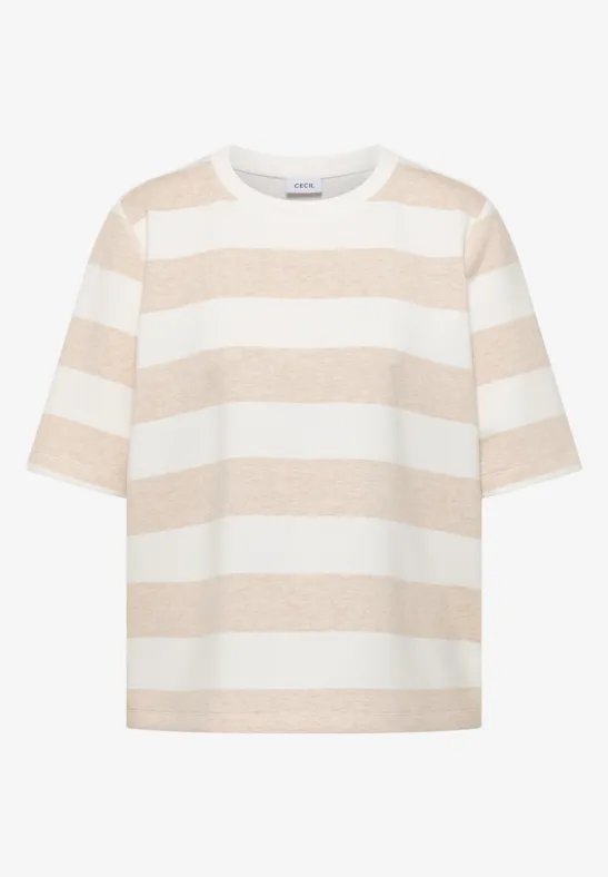 Thumbnail - Cecil Damen Kurzarm Sweatshirt mit Streifen in Beige, Gr: XS