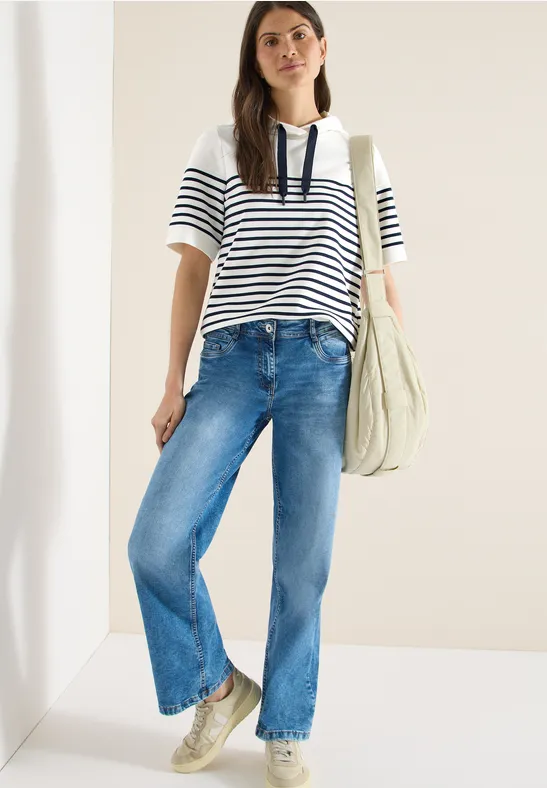 Thumbnail - Cecil Damen Kurzarm Sweatshirt mit Kapuze und Streifen in Blau, Gr: L