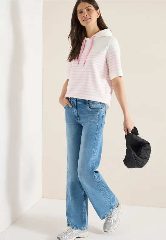 Thumbnail - Cecil Damen Kurzarm Sweatshirt mit Kapuze und Streifen in Rosa, Gr: M