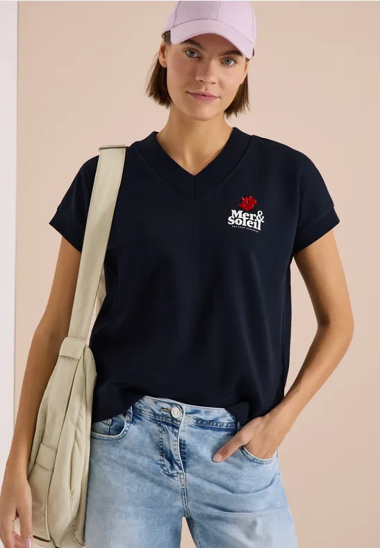 cecil Kurzarm Sweatshirt V-Ausschnitt Ozeanprint Blau